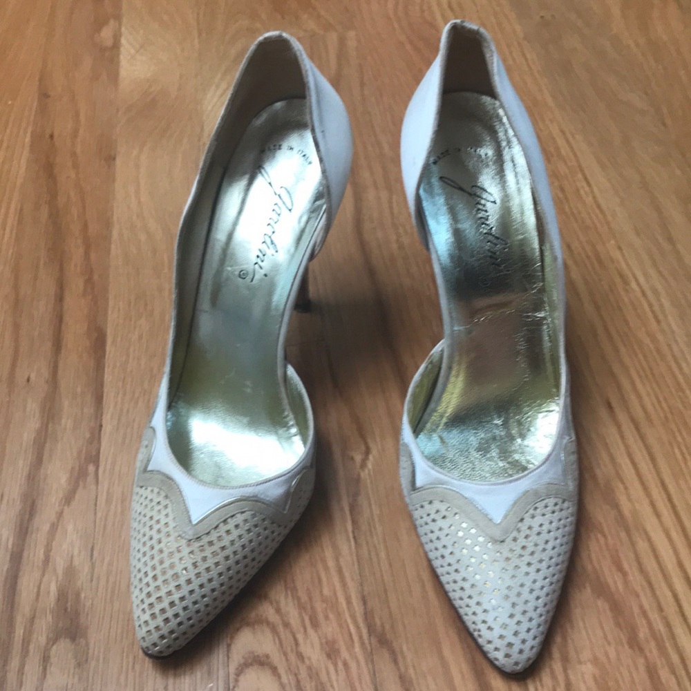 Garolini, satin/suede embroidered cream shoes,s.9N